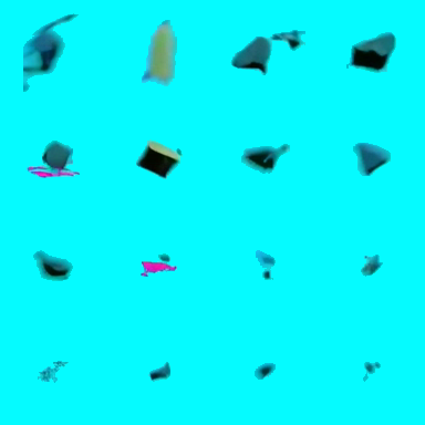 Contact sheet of small torn-screen shards keyed off cyan.
