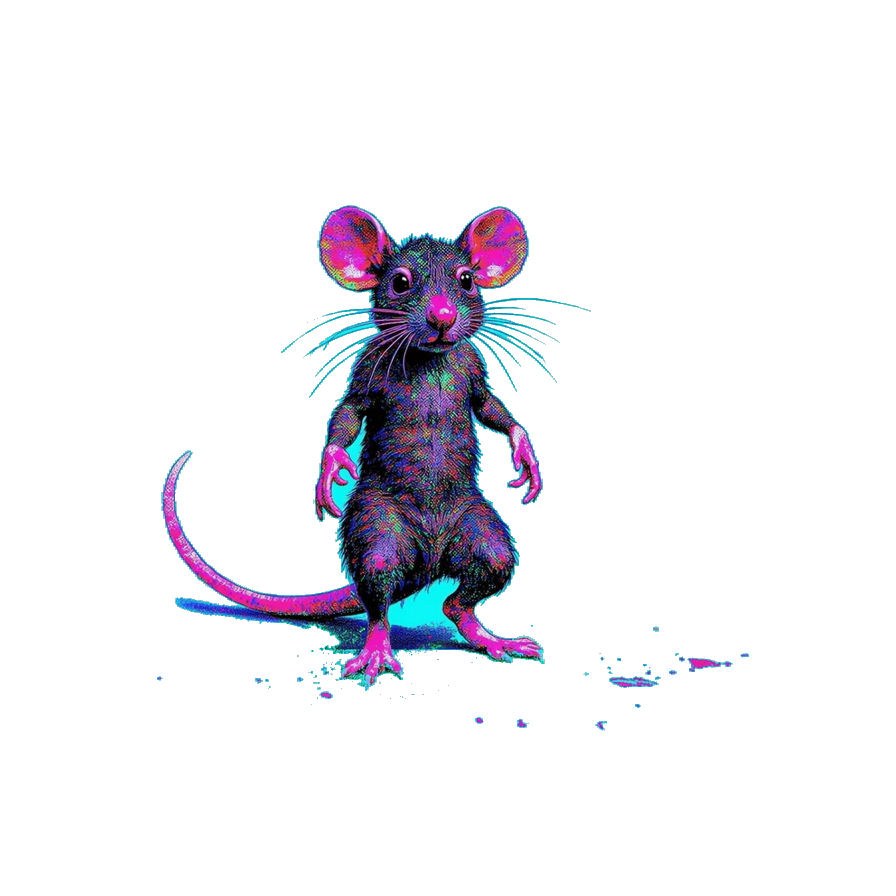 Full-body neon rat standing on a cyan void, pink feet and tail, no clothes.