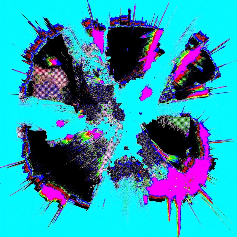 Neon-noir torn screen fragments on cyan.